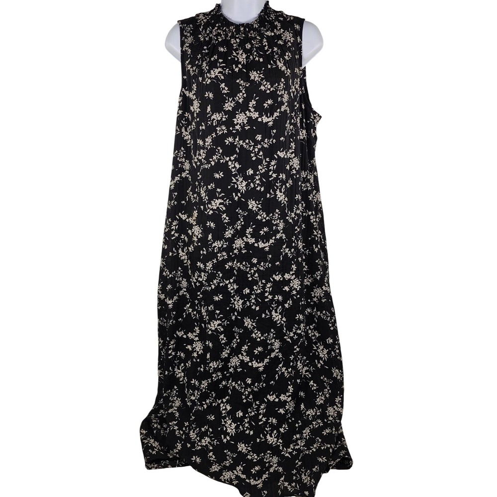 J Jill Size L Black Floral‎ Ruffle Sleeveless Maxi Dress Smocked Neckline